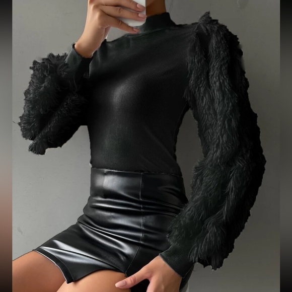 Cozy Faux Fur Fuzzy Long Puff Cuff Sleeve Mock Neck Top Blouse Shirt Black - Picture 5 of 16